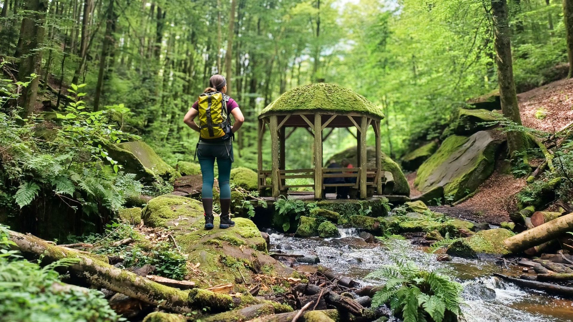 Wanderin steht an einem Bach im sommerlichen Wald